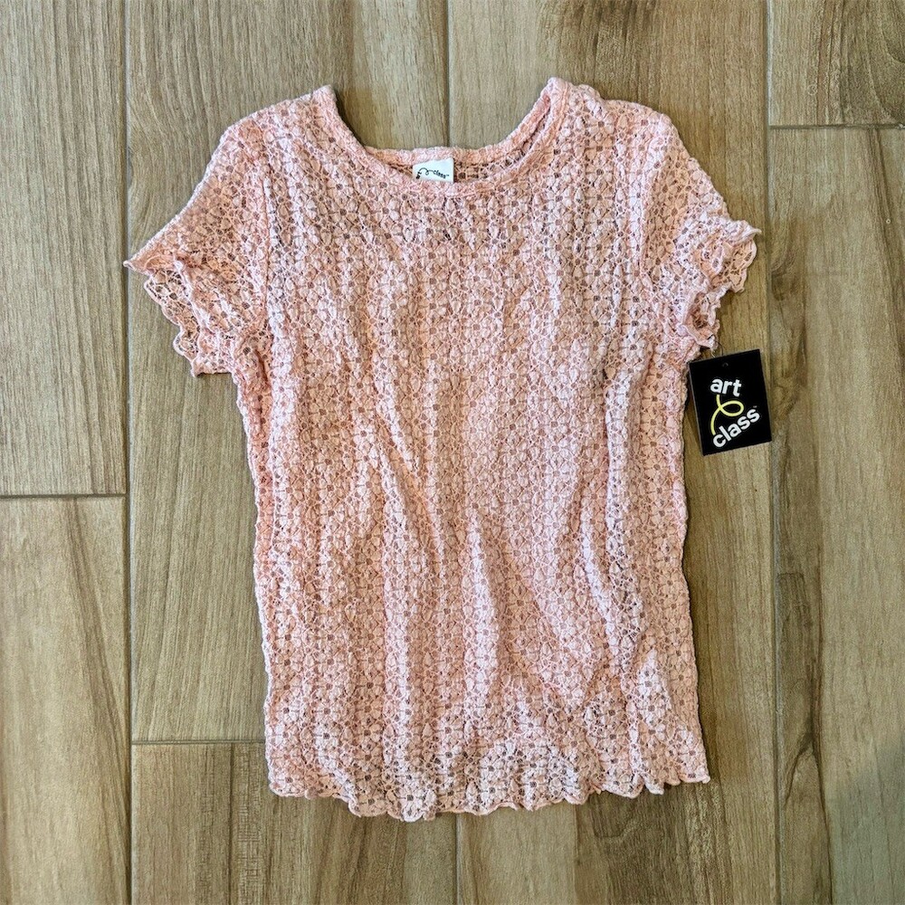 Art Class Girls Blouse Pink Floral Lace Short Sleeve Scalloped Hem Size L